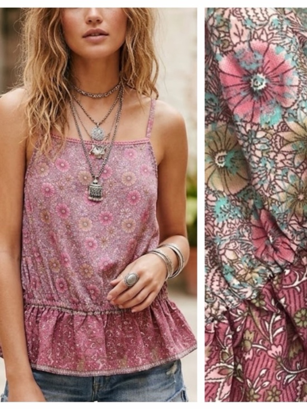 Raga Anthropologie Pink Floral Print Boho Tassel Tank Top Small